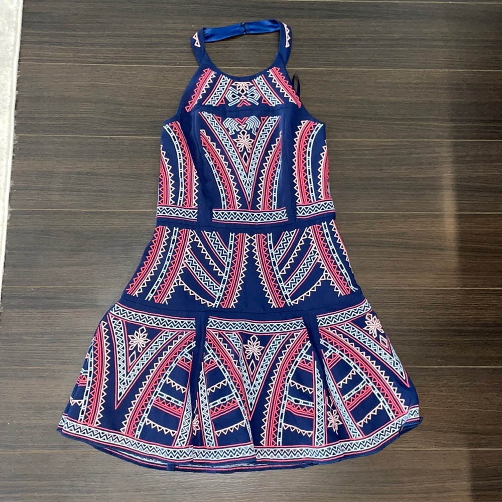 Navy blue, embroidered halter top dress